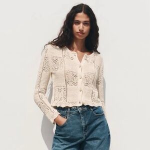 NWT $49.50 Zara cream crochet knit cardigan- Size XS